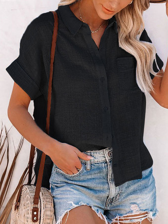 ブラック 女性用シャツブラックポリエステルターンダウンカラーカジュアルボタン半袖トップス