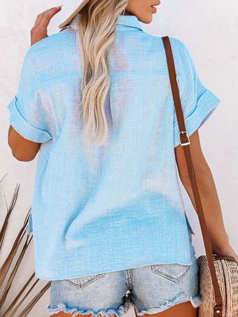 女性用シャツブラックポリエステルターンダウンカラーカジュアルボタン半袖トップス