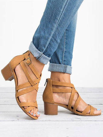 ライトブラウンレディースヒールサンダルオープントゥチャンキーヒールサンダルフェイクレザー
