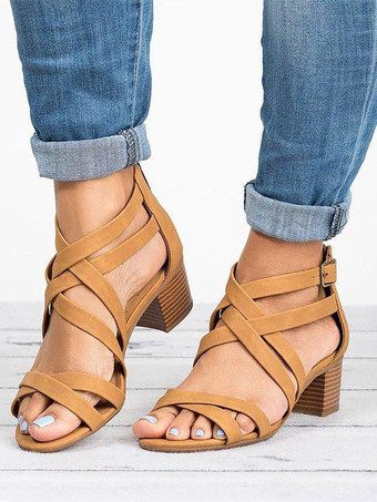 レディースヒールサンダルオープントゥチャンキーヒールサンダルフェイクレザー