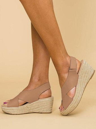 カーキ レディース ウェッジヒール ストリートウェア フェイクレザー オープントゥ ボヘミアン ウェディングサンダル