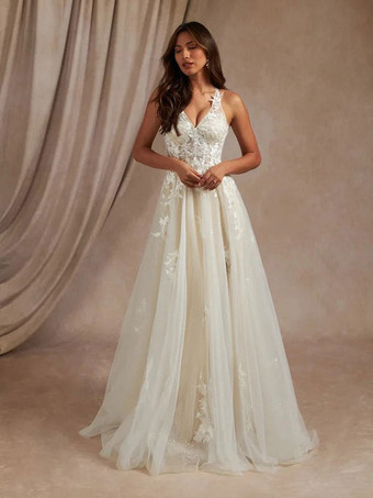 シンプルなウェディングドレスAラインVネックノースリーブレースブライダルガウン