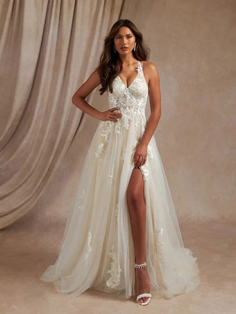 Vestido de novia simple Una línea de vestidos de novia de encaje sin mangas con cuello en V