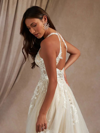 シンプルなウェディングドレスAラインVネックノースリーブレースブライダルガウン