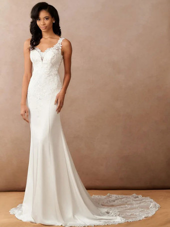 Wedding Dresses V-Neck Sleeveless Lace With Train Bridal Gowns Free Customization