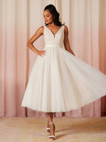 Simple Wedding Dress A-Line V-Neck Sleeveless Bridal Dresses Free Customization