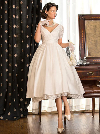 Simple Wedding Dress A-Line V-Neck Short Sleeves Bridal Dresses Free Customization