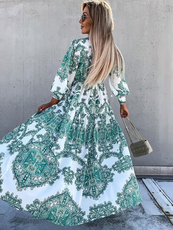 Vネックマキシドレス長袖ポリエステルセクシーな床の長さのドレス