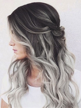 女性ロングウィッグライトグレーカーリー耐熱繊維カジュアルレイヤード合成ウィッグ