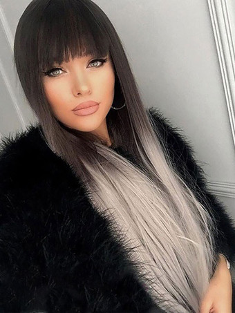 女性ロングウィッググレーストレート耐熱ファイバーカジュアルレイヤードロング合成ウィッグ