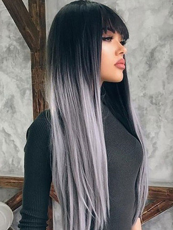 女性ロングウィッググレーストレート耐熱ファイバーカジュアルレイヤードロング合成ウィッグ