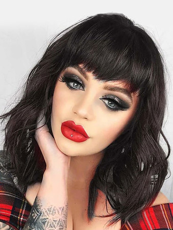 ブラック 合成ウィッグブルゴーニュカーリー耐熱繊維ハイライトヘアショートウィッグ女性用