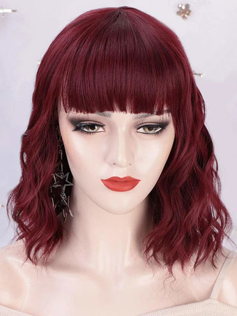 合成ウィッグブルゴーニュカーリー耐熱繊維ハイライトヘアショートウィッグ女性用