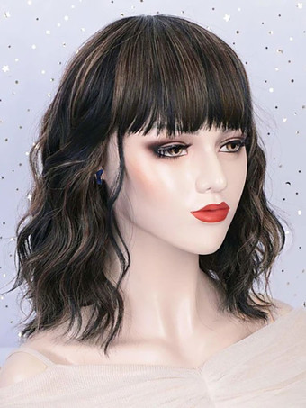 合成ウィッグブルゴーニュカーリー耐熱繊維ハイライトヘアショートウィッグ女性用