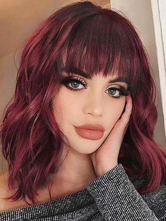 Synthetic Wigs Burgundy Curly Heat-resistant Fiber Highlighting Hair Short Wig For Women