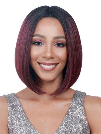 ワインレッド ミディアム合成ウィッグ女性用ブラックボブ耐熱性ファイバーウィッグ女性用