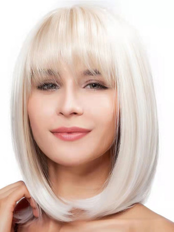 ミディアム合成ウィッグシルバーボブ女性用耐熱ファイバーウィッグ