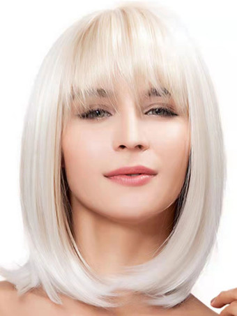 Medium Synthetic Wigs Silver Bobs Heat-resistant Fiber Wig For Woman