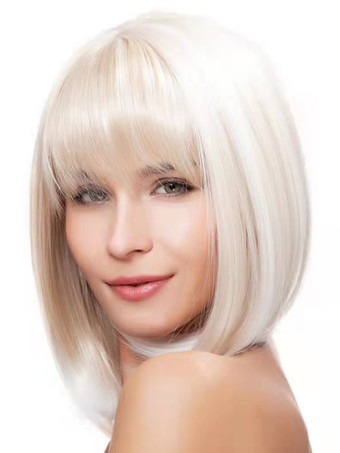 ミディアム合成ウィッグシルバーボブ女性用耐熱ファイバーウィッグ