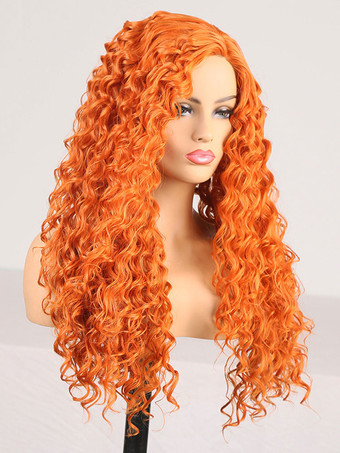 女性用ロングウィッグオレンジカーリー耐熱ファイバーカジュアルハイライトヘアロング合成ウィッグ