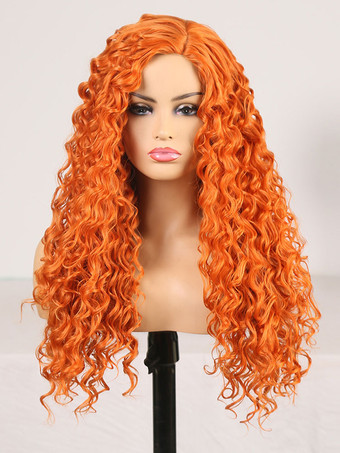 女性用ロングウィッグオレンジカーリー耐熱ファイバーカジュアルハイライトヘアロング合成ウィッグ