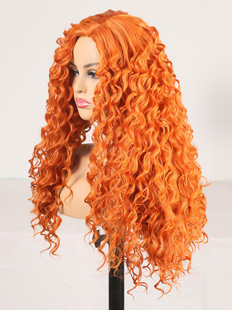 女性用ロングウィッグオレンジカーリー耐熱ファイバーカジュアルハイライトヘアロング合成ウィッグ