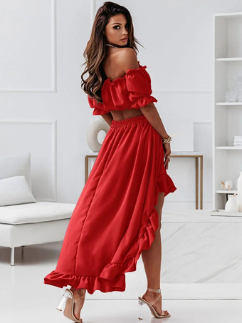 ツーピースセットブラックポリエステルセクシートップサマー半袖バトーネック衣装女性用