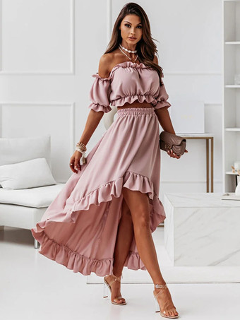 ピンクツーピースセットブラックポリエステルセクシートップサマー半袖バトーネック衣装女性用