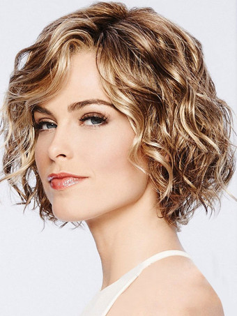 Synthetische Perücken  Kaffeebraun  seitlich gefegter Pony  hitzebeständige Faser  Damen  kurze Perücke