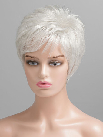 女性のための人間の髪の毛のかつらシルバーシックな短いかつら