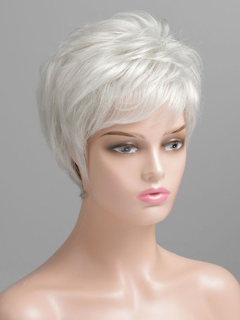 女性のための人間の髪の毛のかつらシルバーシックな短いかつら