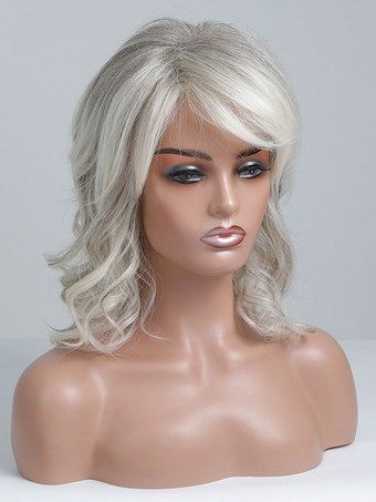 女性用人毛ウィッグ シルバー カジュアル ミディアム カーリーヘアウィッグ
