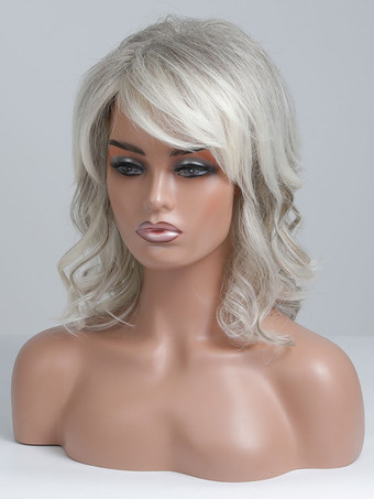 女性用人毛ウィッグ シルバー カジュアル ミディアム カーリーヘアウィッグ