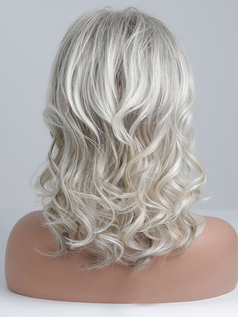 女性用人毛ウィッグ シルバー カジュアル ミディアム カーリーヘアウィッグ