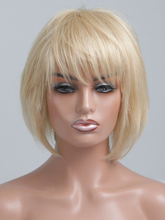 女性の人間の髪の毛のかつら黄色のカジュアルな短いかつら