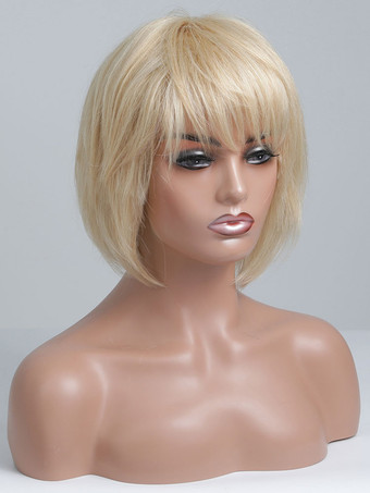 女性の人間の髪の毛のかつら黄色のカジュアルな短いかつら