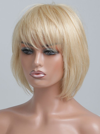女性の人間の髪の毛のかつら黄色のカジュアルな短いかつら
