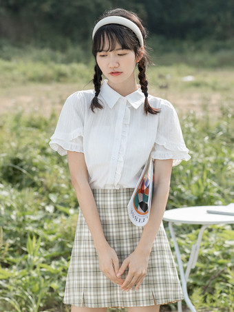 ロリータブラウス スウィート半袖レースロリータトップロリータシャツ ホワイト