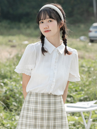 ロリータブラウス スウィート半袖レースロリータトップロリータシャツ ホワイト