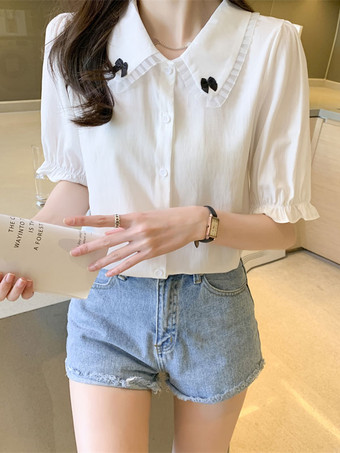 スウィートロリータブルーズホワイトロリータトップ半袖ボウレースロリータシャツ