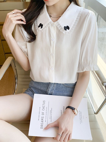 スウィートロリータブルーズホワイトロリータトップ半袖ボウレースロリータシャツ