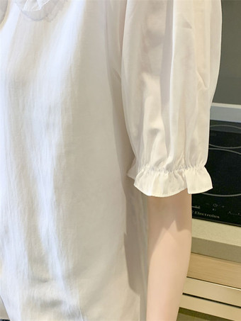 スウィートロリータブルーズホワイトロリータトップ半袖ボウレースロリータシャツ