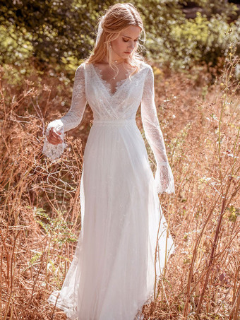 Vestido de novia boho encaje encaje una línea con tren cintura natural mangas largas sin cuello en v vestido de novia hippie blanco