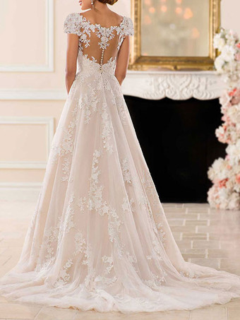 Avorio svasata Mit Schleppe semplice con scollo a V maniche corte