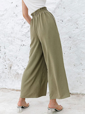 リネン クロップド パンツ ウエスト上げ ワイドレッグ 夏 カジュアル パンツ