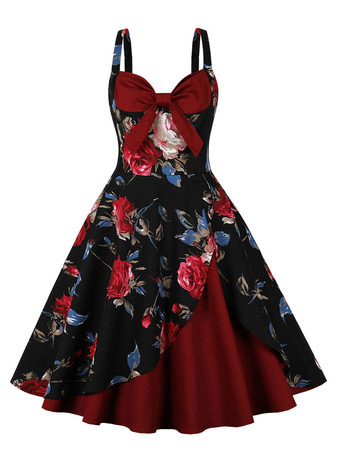 ワインレッド ヴィンテージドレス　1950年代オードリー・ヘップバーン風　ノースリーブ　膝丈　花柄　二次会　お呼ばれ　発表会　スイングドレス