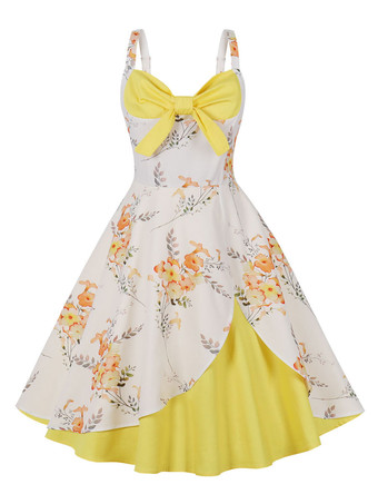 イエローヴィンテージドレス　1950年代オードリー・ヘップバーン風　ノースリーブ　膝丈　花柄　二次会　お呼ばれ　発表会　スイングドレス