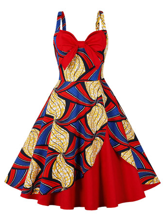 レッドヴィンテージドレス　1950年代オードリー・ヘップバーン風　ノースリーブ　膝丈　花柄　二次会　お呼ばれ　発表会　スイングドレス