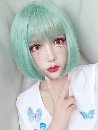 ミントグリーンロリータウィッグ ショート ロココスタイル 耐熱ファイバーグレーロリータアクセサリー