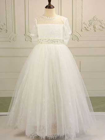 フラワーガールドレスコットンブレンドフリルジュエルネック半袖ホワイト